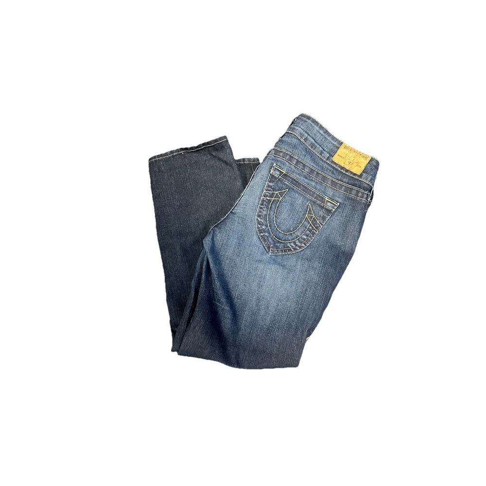 WOMENS TRUE‎ RELIGION "WORLD TOUR" Cropped Jean Size 31 Dark Wash Made In USA